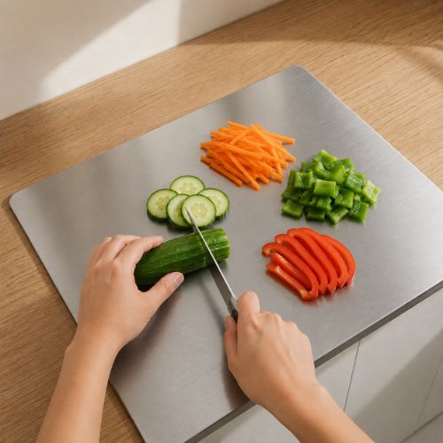 Vegetable cutting on stainless steel chopping board