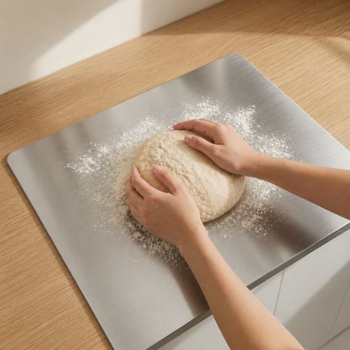 Kneading dough on stainless steel kitchen board